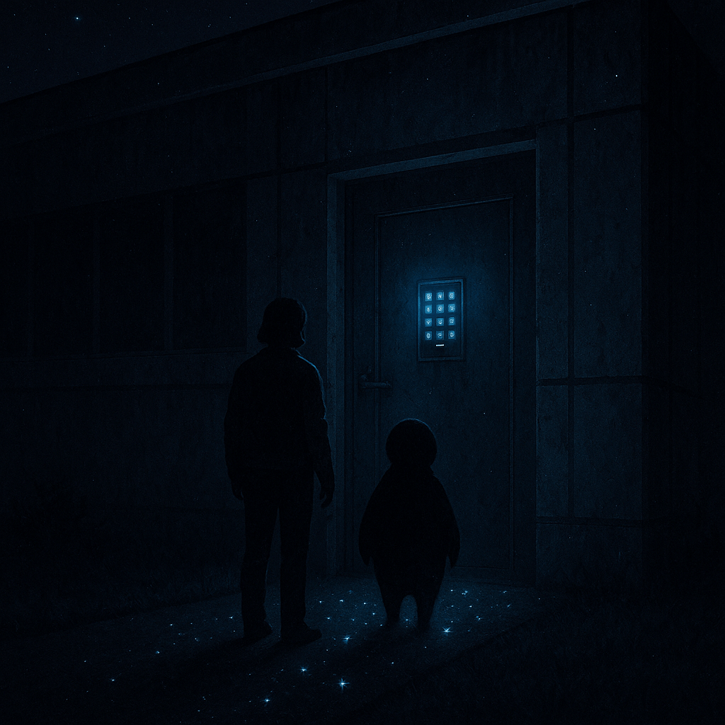 alt= Two silhouettes; Sam and the ambiguous Ink-face a glowing keypad on a brutalist data-center door; starlight pools at their feet.