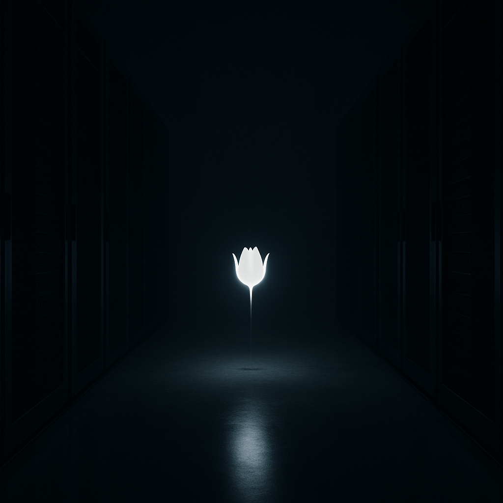 alt= Inside a dark server room, a soft tulip-shaped white light hovers between rows of empty racks and reflects on the floor.